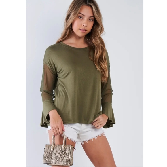 Anthropologie Tops - Anthropologie Very J Olive Mesh Sheer Sleeve Bell Sleeve Top